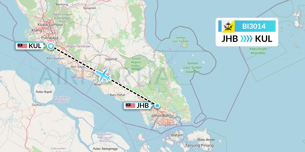 BI3014 Royal Brunei Airlines Flight Map: Johor Bahru to Kuala Lumpur