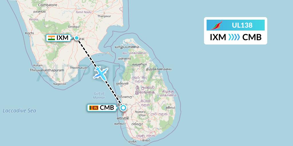 UL138 SriLankan Airlines Flight Map: Madurai to Colombo
