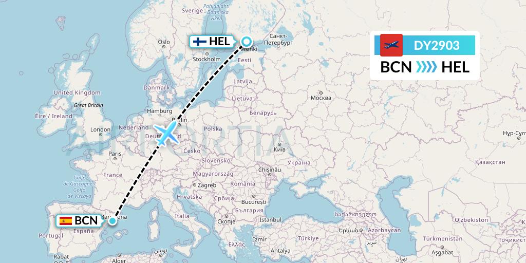 DY2903 Norwegian Flight Map: Barcelona to Helsinki