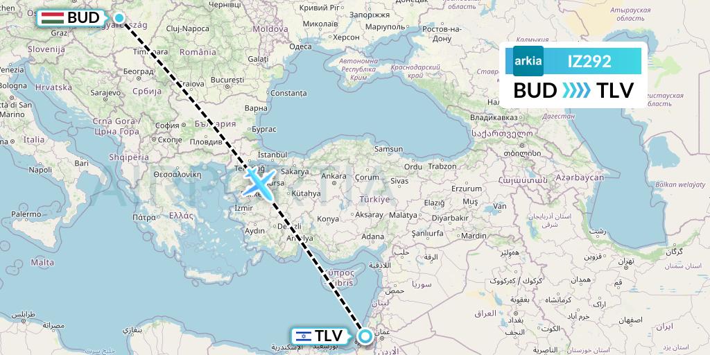 IZ292 Arkia Israeli Airlines Flight Map: Budapest to Tel Aviv