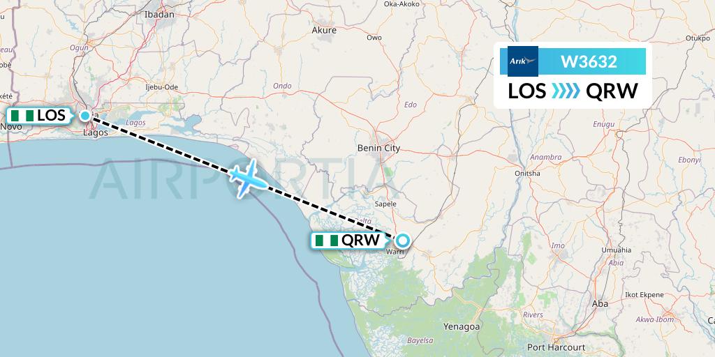 W3632 Arik Air Flight Map: Lagos to Warri