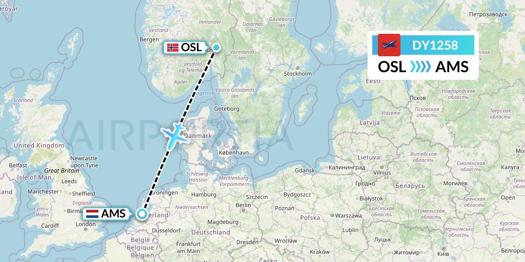DY1258 Norwegian Flight Map: Oslo to Amsterdam