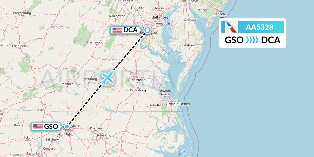 AA5328 American Airlines Flight Map: Greensboro to Washington