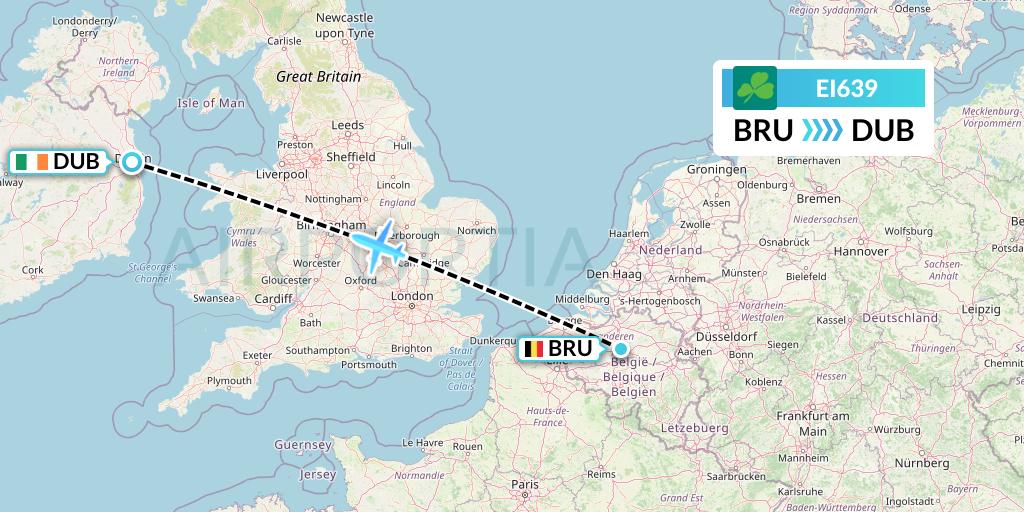 EI639 Aer Lingus Flight Map: Brussels to Dublin
