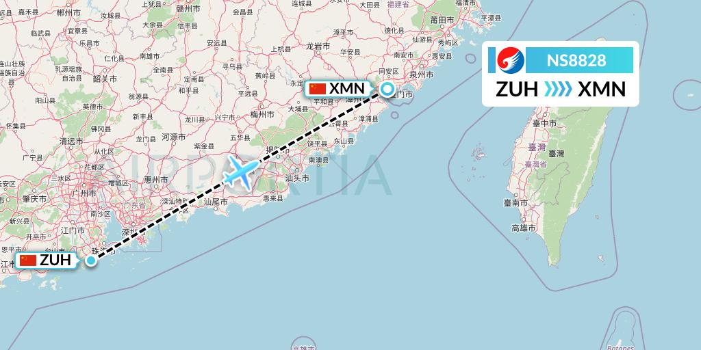 NS8828 Hebei Airlines Flight Map: Zhuhai to Xiamen