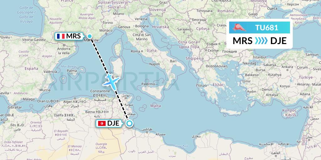 TU681 Tunisair Flight Map: Marseille to Djerba