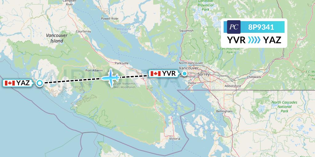 8P9341 Pacific Coastal Airlines Flight Map: Vancouver to Tofino