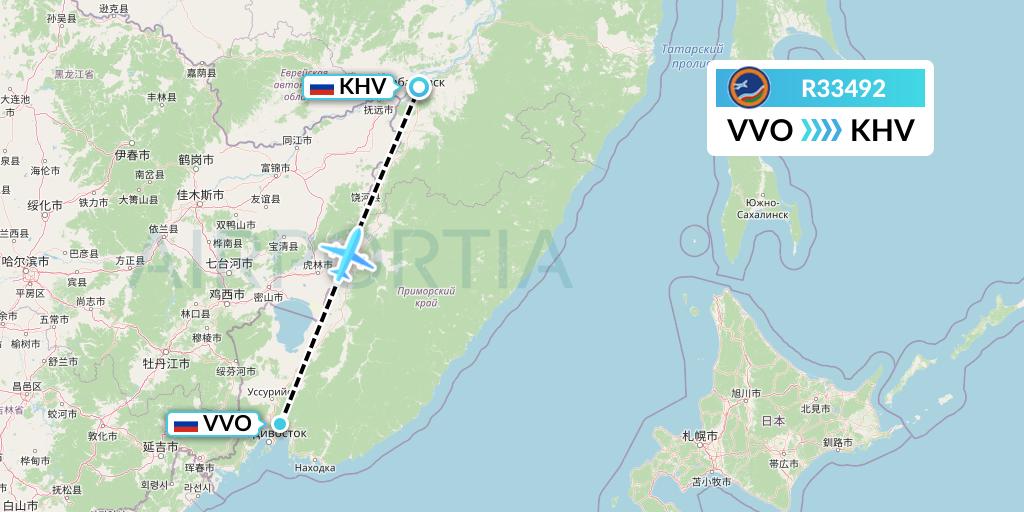 R33492 Yakutia Airlines Flight Map: Vladivostok to Khabarovsk