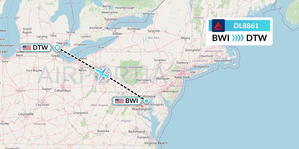 DL8861 Delta Air Lines Flight Map: Baltimore to Detroit