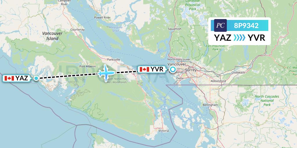 8P9342 Pacific Coastal Airlines Flight Map: Tofino to Vancouver