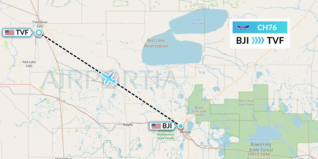 CH76 Bemidji Airlines Flight Map: Bemidji to Thief River Falls