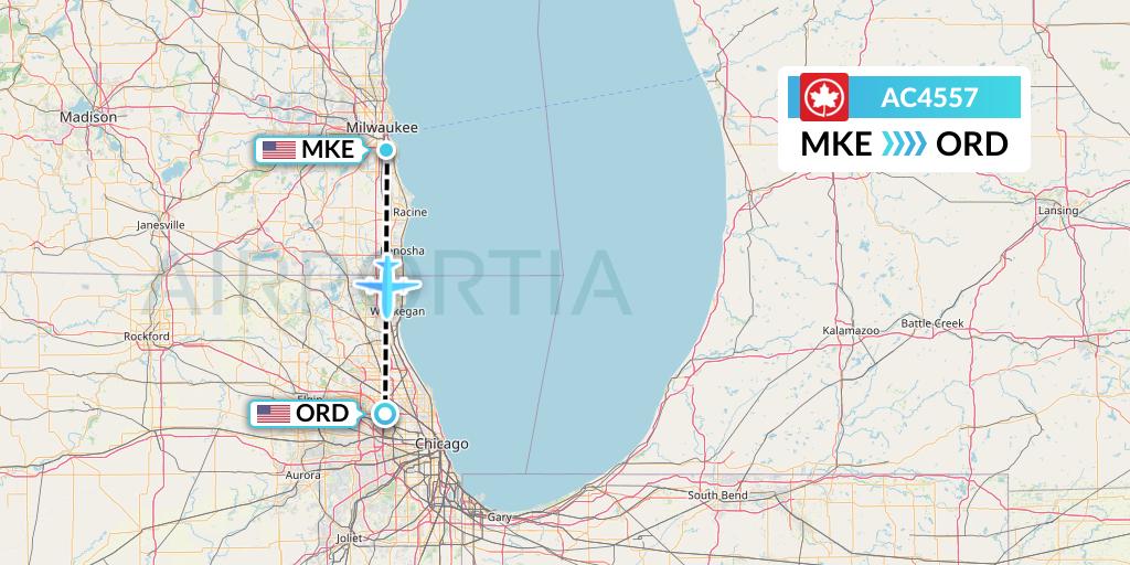 AC4557 Air Canada Flight Map: Milwaukee to Chicago