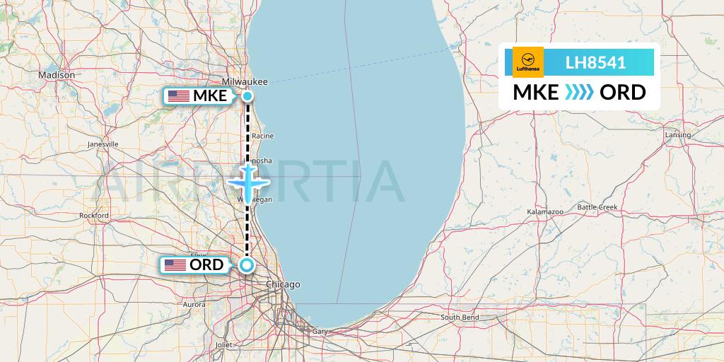 LH8541 Lufthansa Flight Map: Milwaukee to Chicago