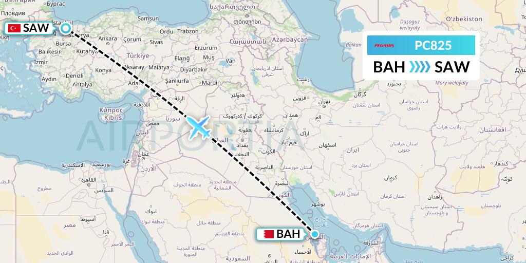 PC825 Pegasus Airlines Flight Map: Bahrain to Istanbul