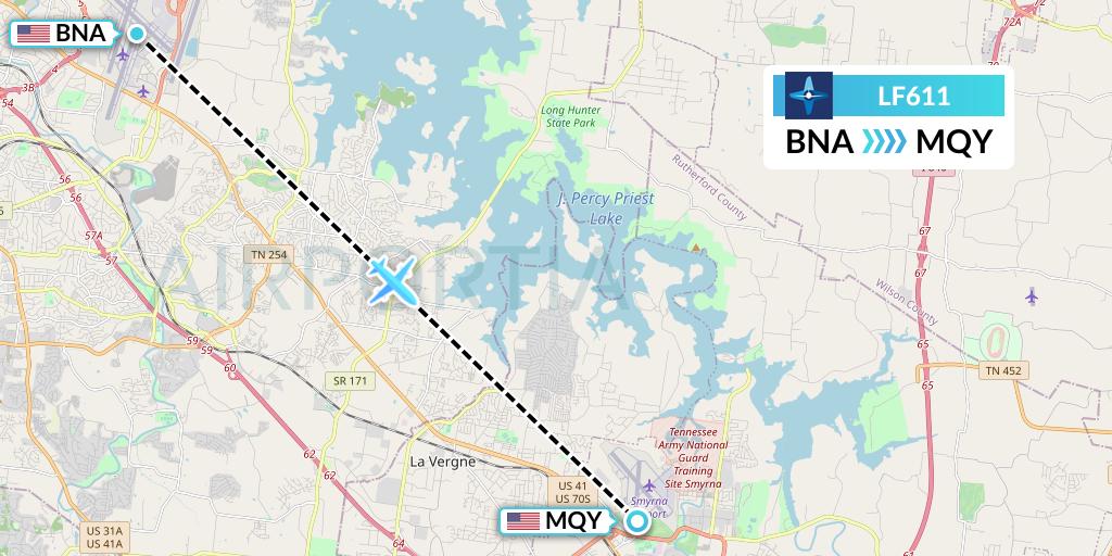 LF611 Corporate Flight Management Flight Map: Nashville to Smyrna