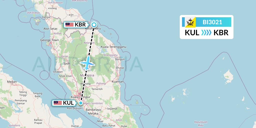 BI3021 Royal Brunei Airlines Flight Map: Kuala Lumpur to Kota Bharu