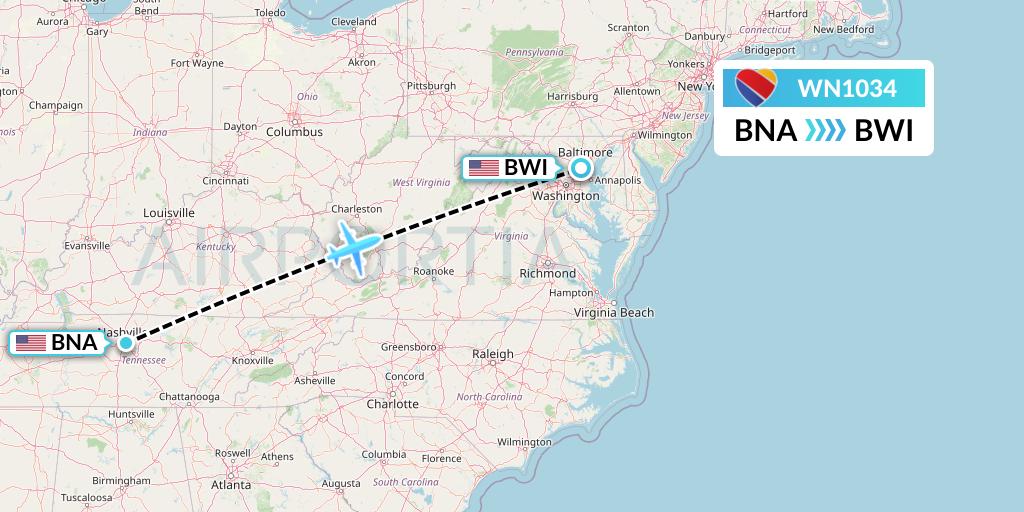 WN1034 Southwest Airlines Flight Map: Nashville to Baltimore