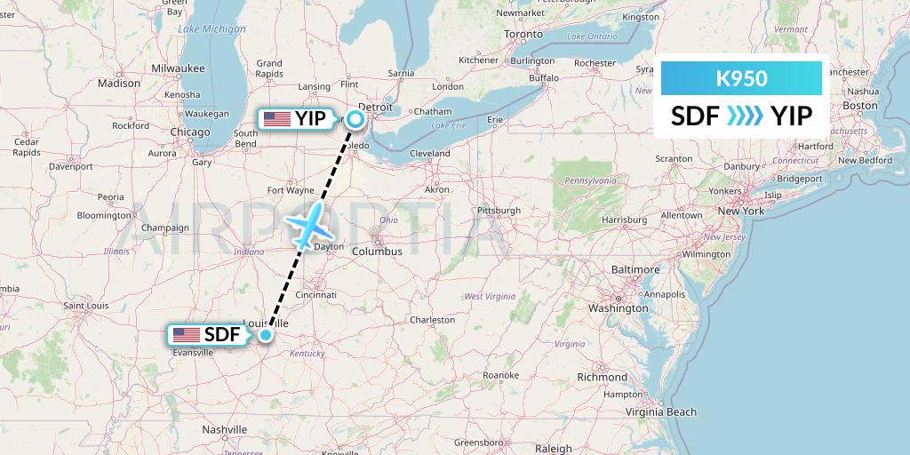 K950 Kalitta Charters Flight Map: Louisville to Detroit