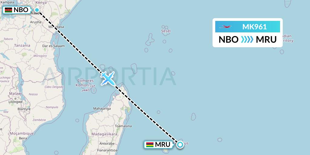 MK961 Air Mauritius Flight Map: Nairobi to Port Louis