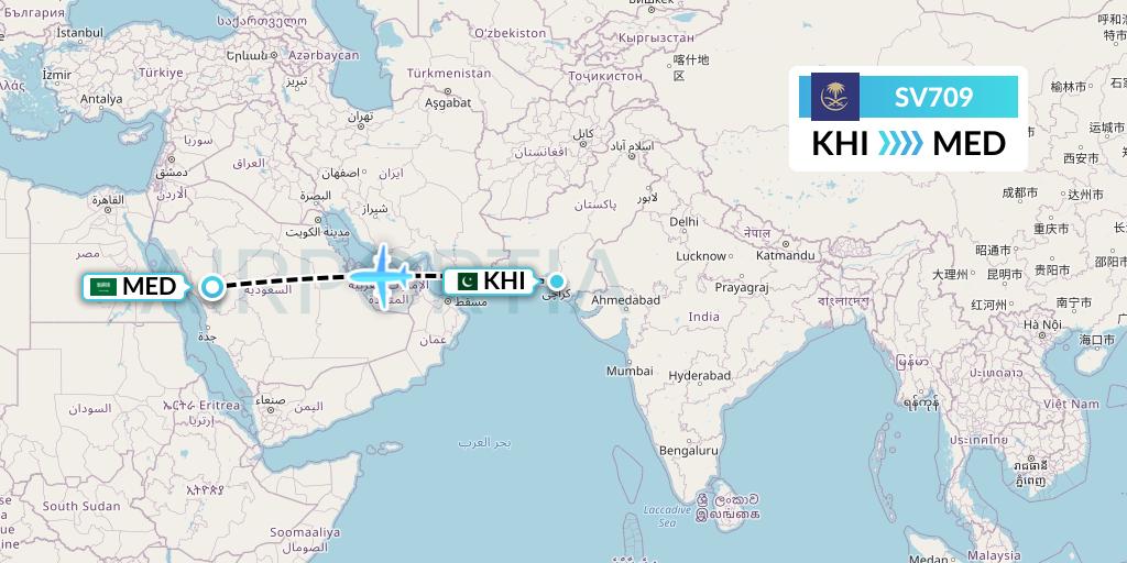 SV709 Saudi Arabian Airlines Flight Map: Karachi to Medina