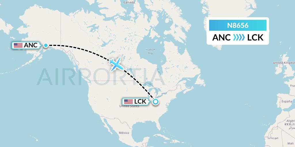 N8656 National Airlines Flight Map: Anchorage to Columbus