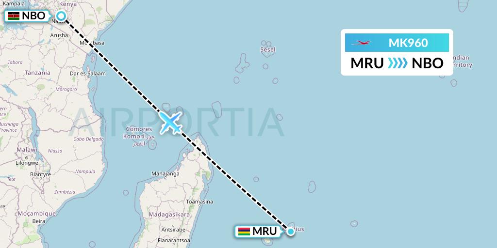 MK960 Air Mauritius Flight Map: Port Louis to Nairobi