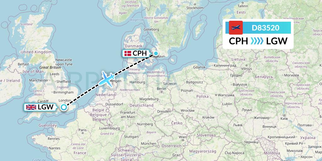 D83520 Norwegian Air International Flight Map: Copenhagen to London