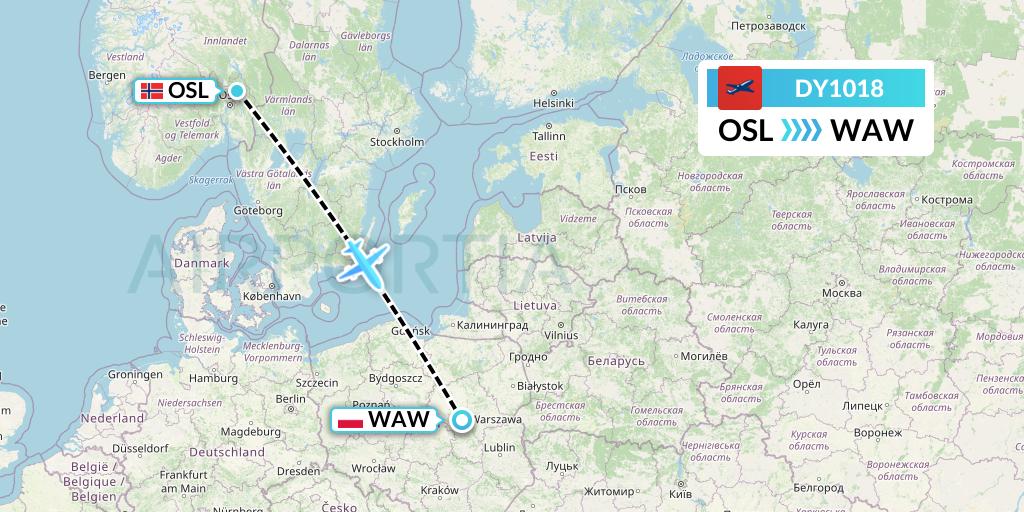 DY1018 Norwegian Flight Map: Oslo to Warsaw
