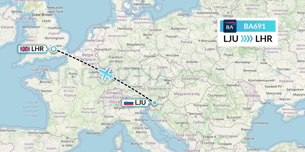 BA691 British Airways Flight Map: Ljubljana to London