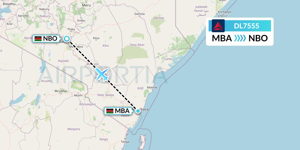 DL7555 Delta Air Lines Flight Map: Mombasa to Nairobi