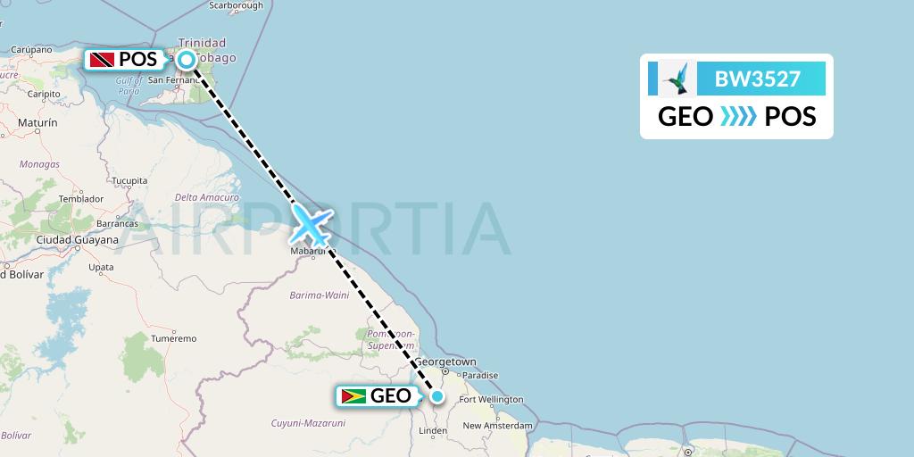 BW3527 Caribbean Airlines Flight Map: Georgetown to Port of Spain