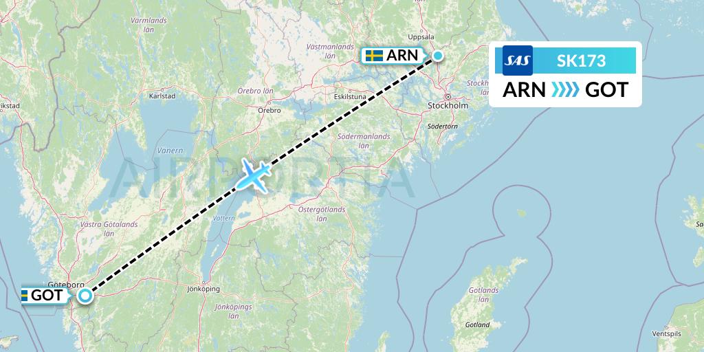 SK173 SAS Flight Map: Stockholm to Gothenburg