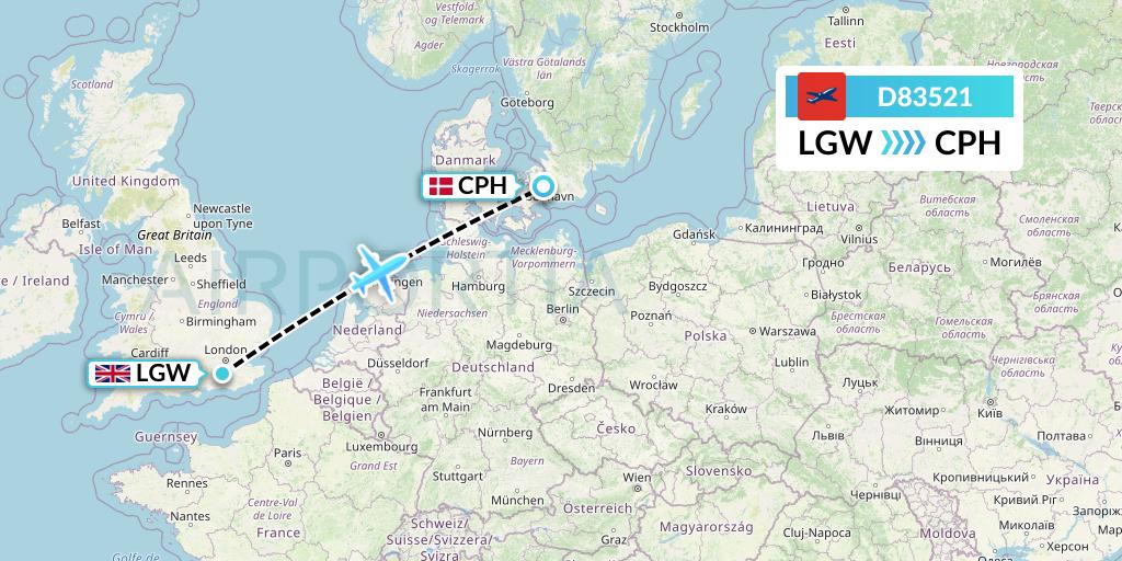 D83521 Norwegian Air International Flight Map: London to Copenhagen