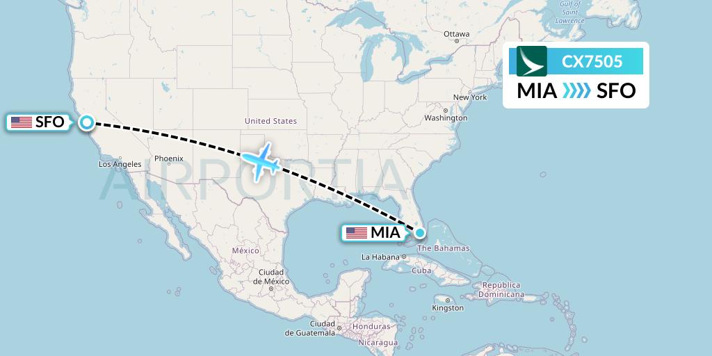CX7505 Cathay Pacific Flight Map: Miami to San Francisco