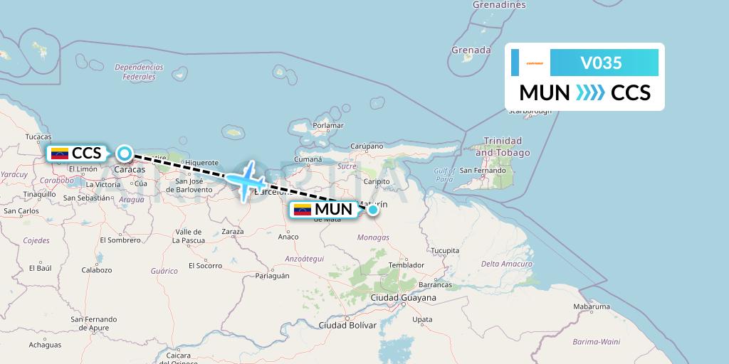 V035 Conviasa Flight Map: Maturin to Caracas