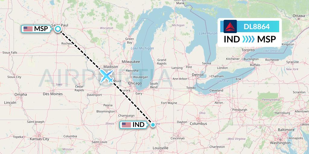 DL8864 Delta Air Lines Flight Map: Indianapolis to Minneapolis