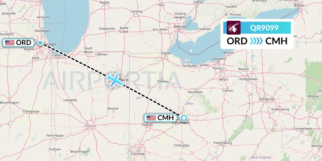 QR9099 Qatar Airways Flight Map: Chicago to Columbus