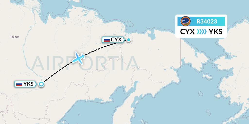 R34023 Yakutia Airlines Flight Map: Cherskiy to Yakutsk