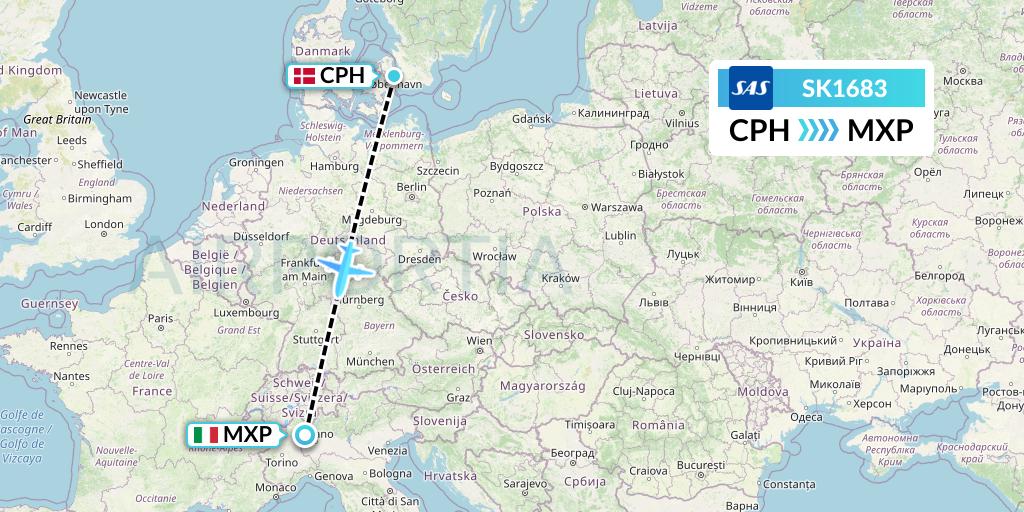 SK1683 SAS Flight Map: Copenhagen to Milan