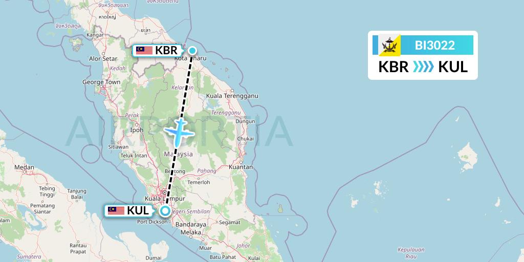BI3022 Royal Brunei Airlines Flight Map: Kota Bharu to Kuala Lumpur
