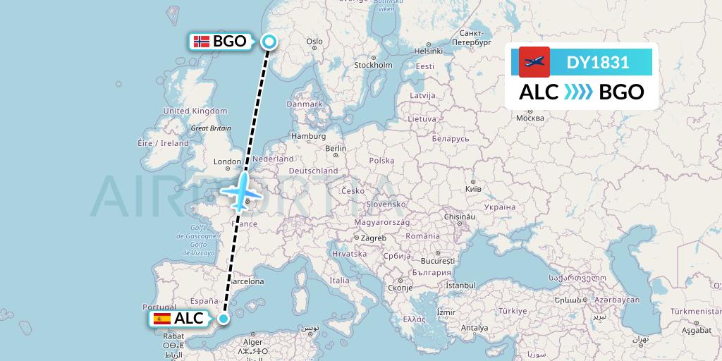 DY1831 Norwegian Flight Map: Alicante to Bergen