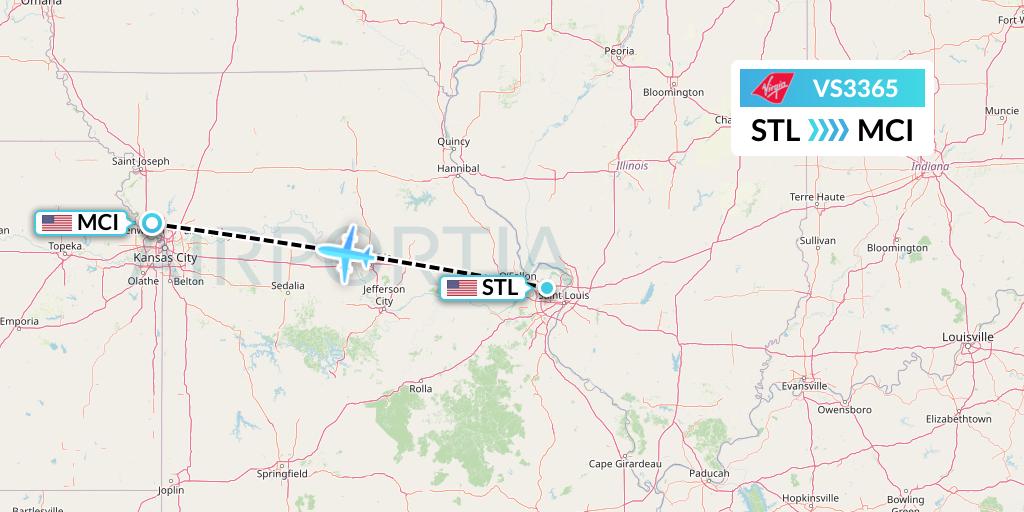 VS3365 Virgin Atlantic Airways Flight Map: St. Louis to Kansas City