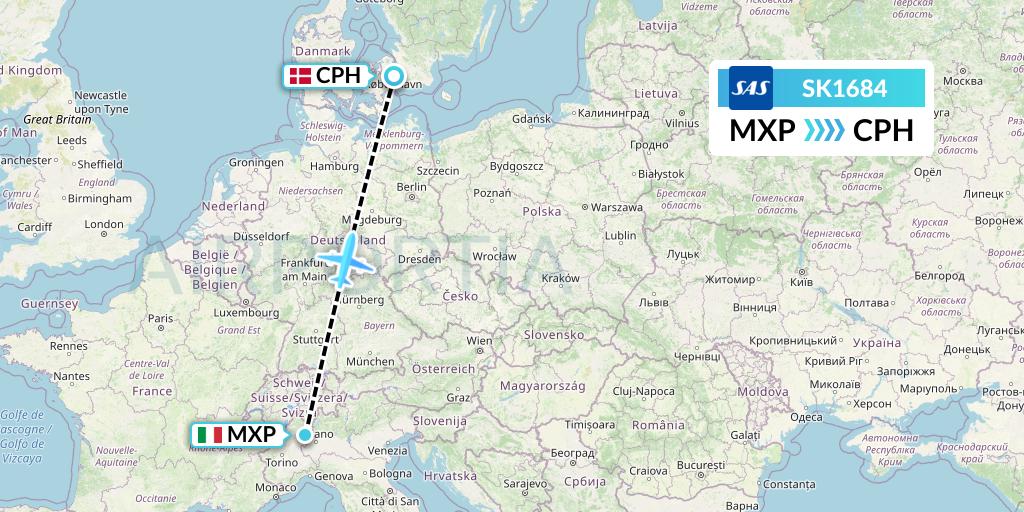 SK1684 SAS Flight Map: Milan to Copenhagen