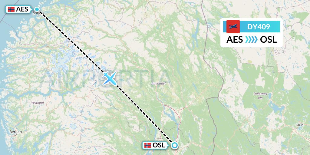 DY409 Norwegian Flight Map: Alesund to Oslo