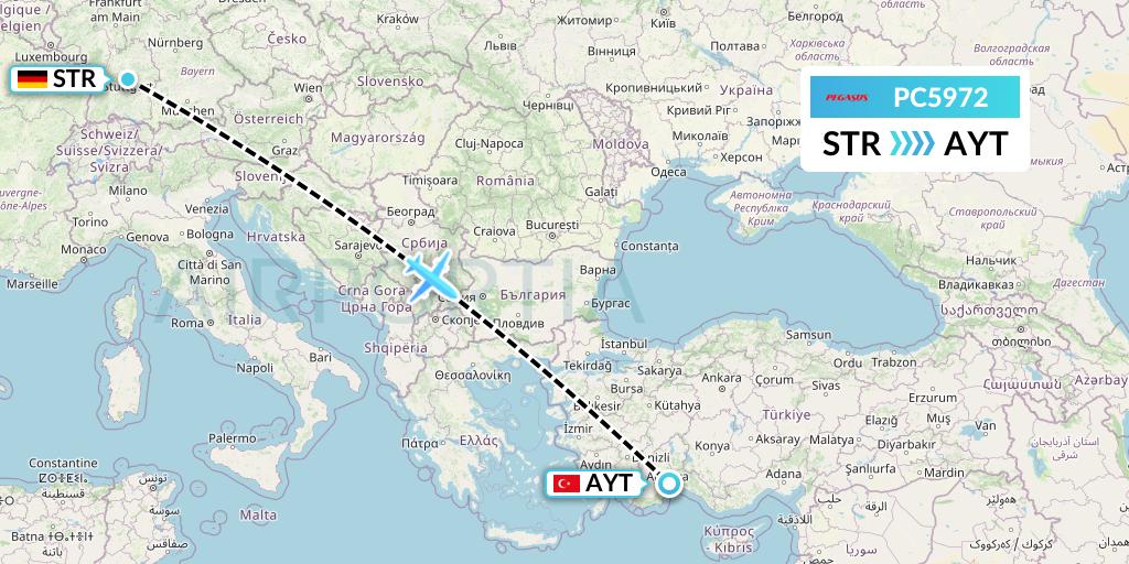 PC5972 Pegasus Airlines Flight Map: Stuttgart to Antalya