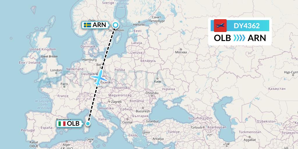 DY4362 Norwegian Flight Map: Olbia to Stockholm