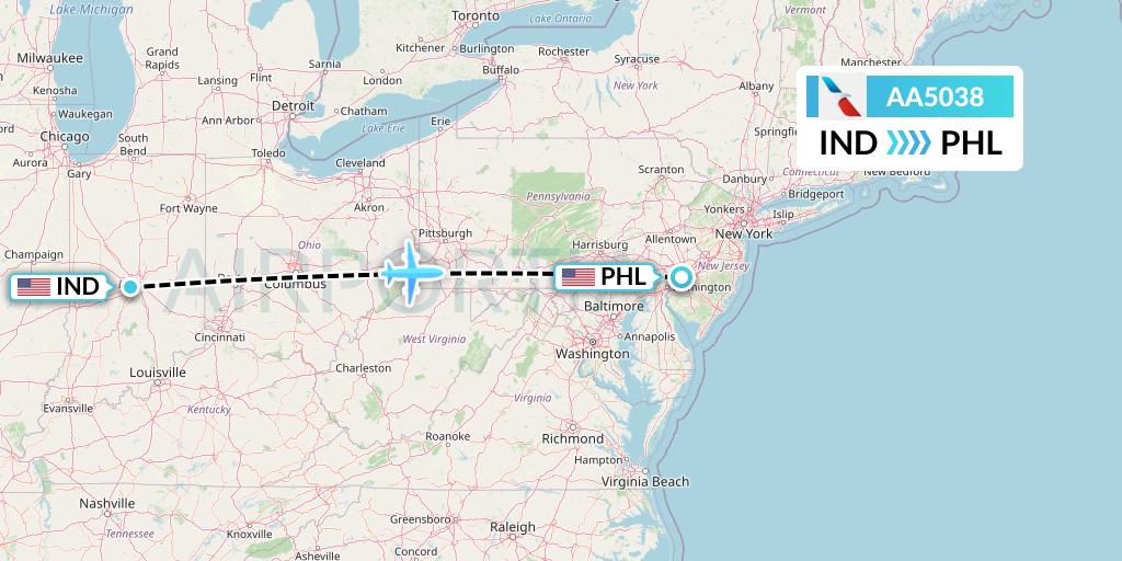 AA5038 American Airlines Flight Map: Indianapolis to Philadelphia