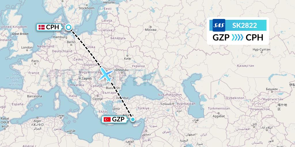 SK2822 SAS Flight Map: Gazipasa to Copenhagen