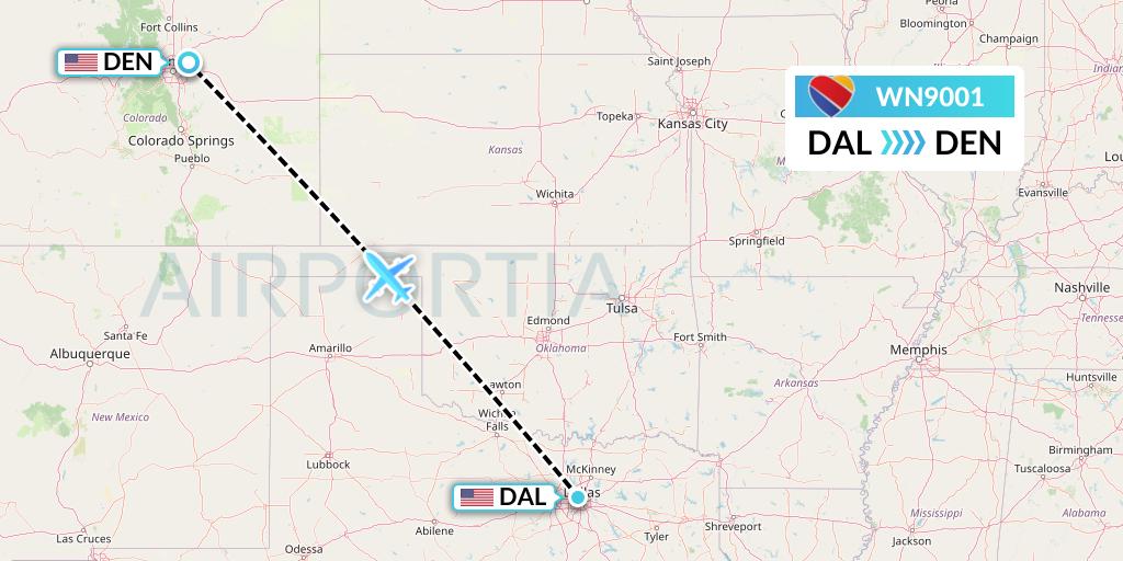 WN9001 Southwest Airlines Flight Map: Dallas to Denver