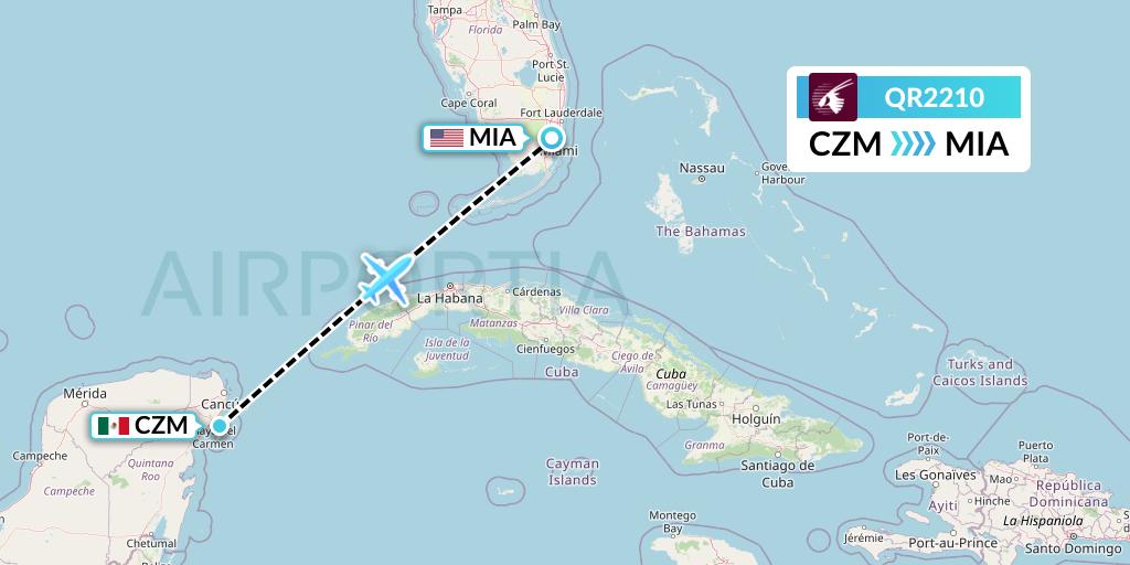 QR2210 Qatar Airways Flight Map: Cozumel to Miami